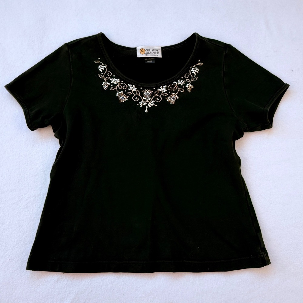 Christine Alexander Top Womens Large Black Rhinestone Whimsigoth Bling Party‎